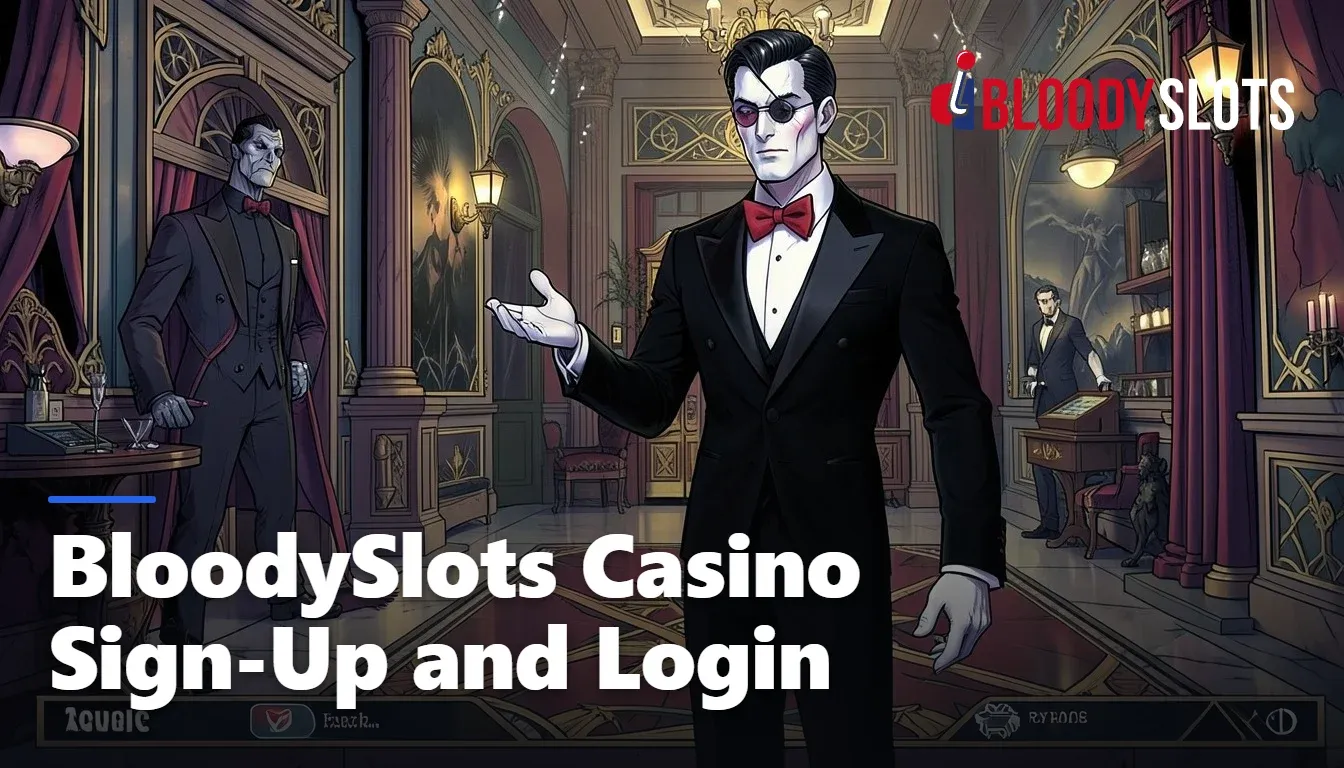 BloodySlots Casino brand character beside the registration steps